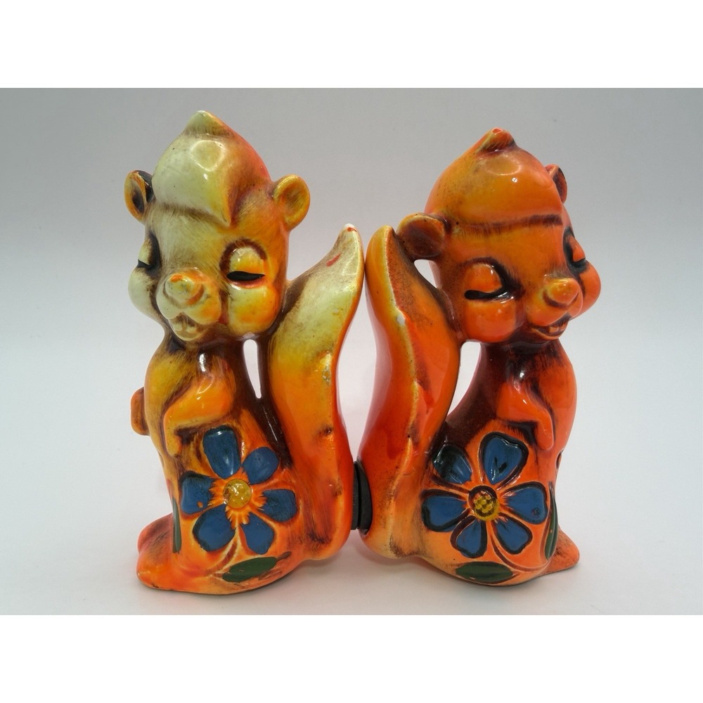 Vintage Ceramic Squirrel Figurines Pair Magnetic Tails Blue Flower Kitsch Enesco